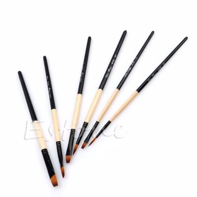 New Hot 6Pcs/Set Flat Nylon Hair Paint Brush Gouache Acrylic
