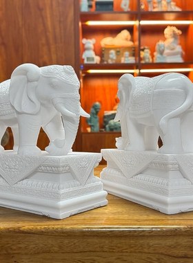 汉白玉石雕大象摆件一对客厅招财办公桌摆放玄关酒柜吸水吸财石象
