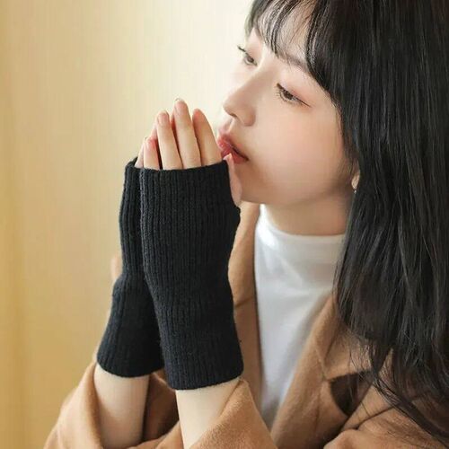 Solid Half Finger Gloves for Women Winter Soft Warm Wool Kni