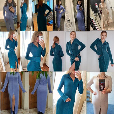 CNYISHE 2021 Fall Breasted Long Sleeve Maxi Dresses Turn-dow