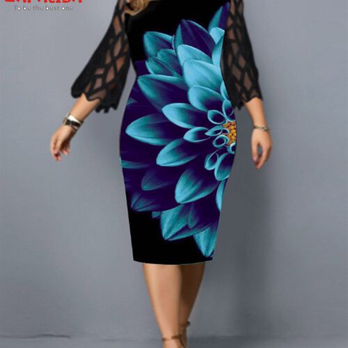 Plus Size Elegant Print Pencil Dress for Office Lady