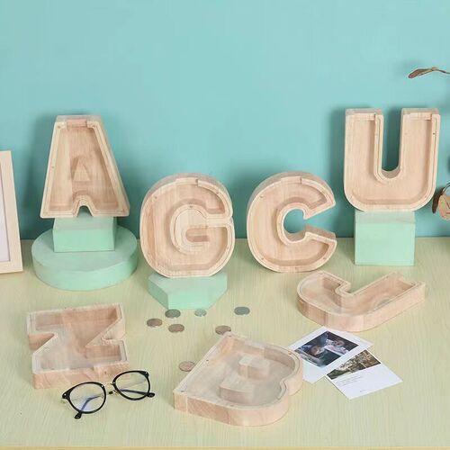 English Alphabet Piggy Bank Wooden Coin Money Box Saving Box