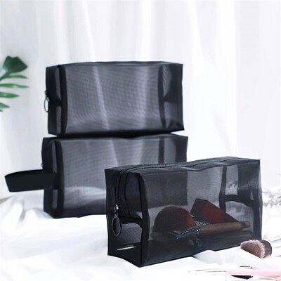 1PC Travel Black Mesh Cosmetic Bag Zipper Makeup Bag For Wom