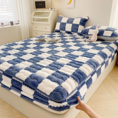 Checkerboard Soybean Bed ver Thickened Warm Sky ral Fleece t