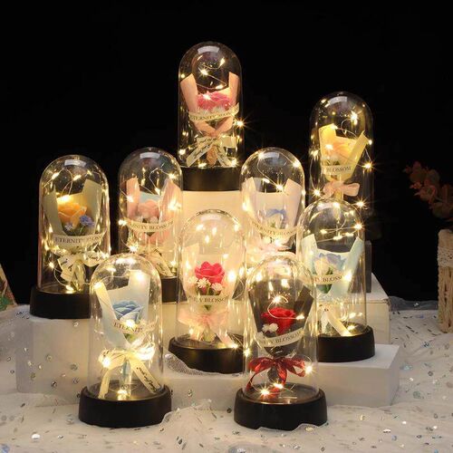 Glass Dome Flower Bouquet Qixi Valentines Day Gift Crushed