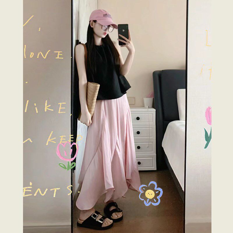 度假风短款吊带挂脖褶皱背心女夏季粉色高腰a字半身裙鱼尾裙套装