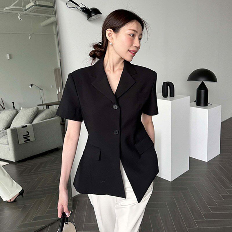 高级时尚短袖西装外套女夏季小众气质后背开衩设计感修身百搭上衣
