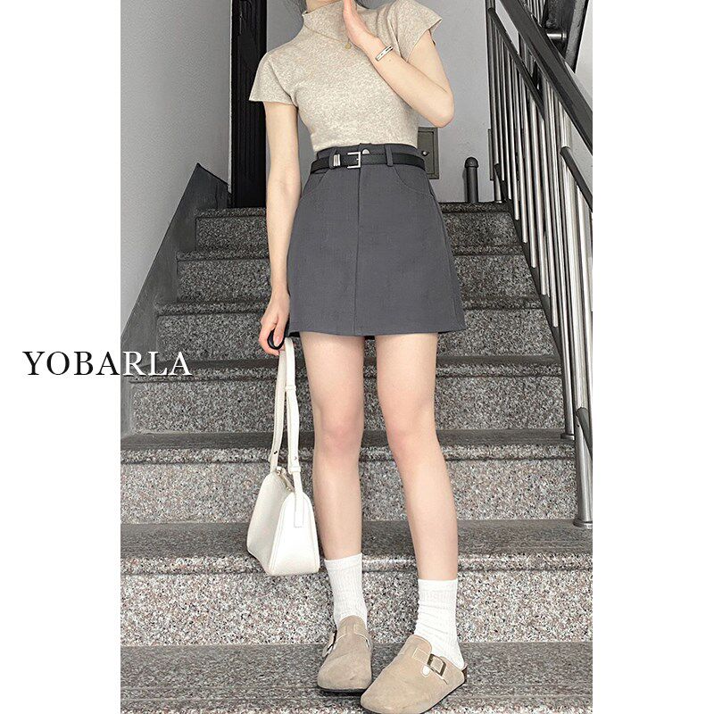 灰色西装半身裙女夏季高腰大码显瘦胖mm遮肚子梨形身材a字短裙子