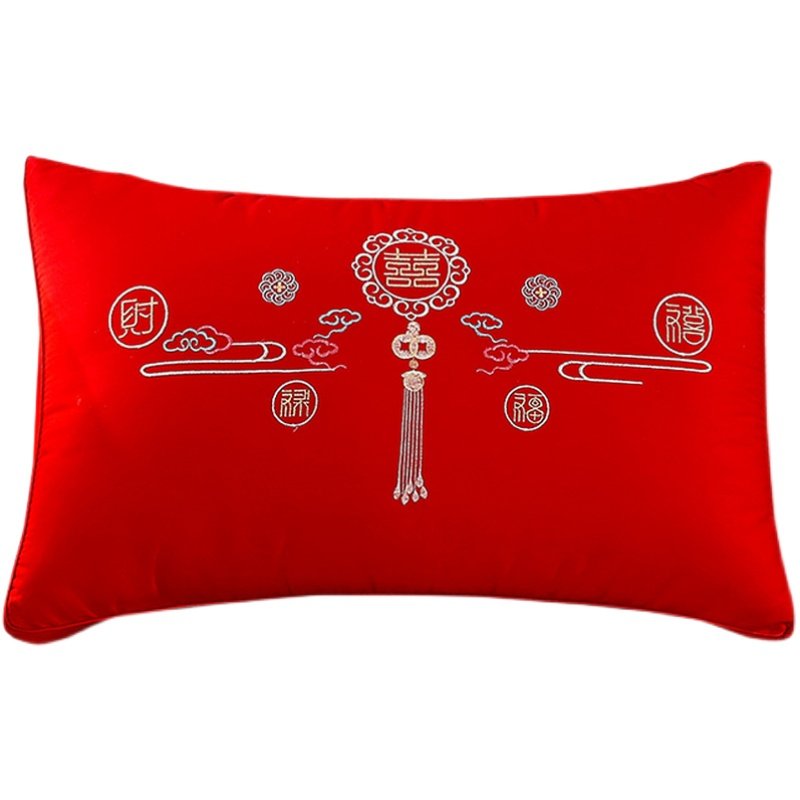 结婚喜庆红色全棉枕头芯一对婚床新娘陪嫁新婚礼物送精美手提拎带
