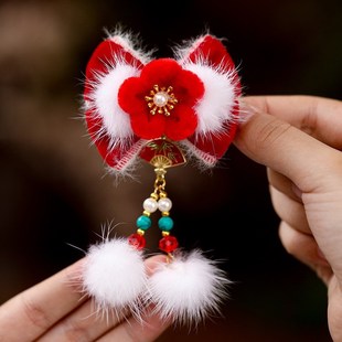 新年宝宝汉服头饰红色蝴蝶结毛球流苏发夹古风中国风女童绒花对夹