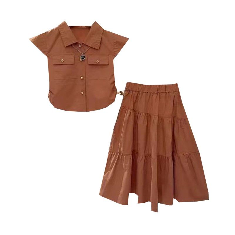 女童套装夏季新款2024衬衫半身裙两件套宽松中大童装洋气女孩套裙