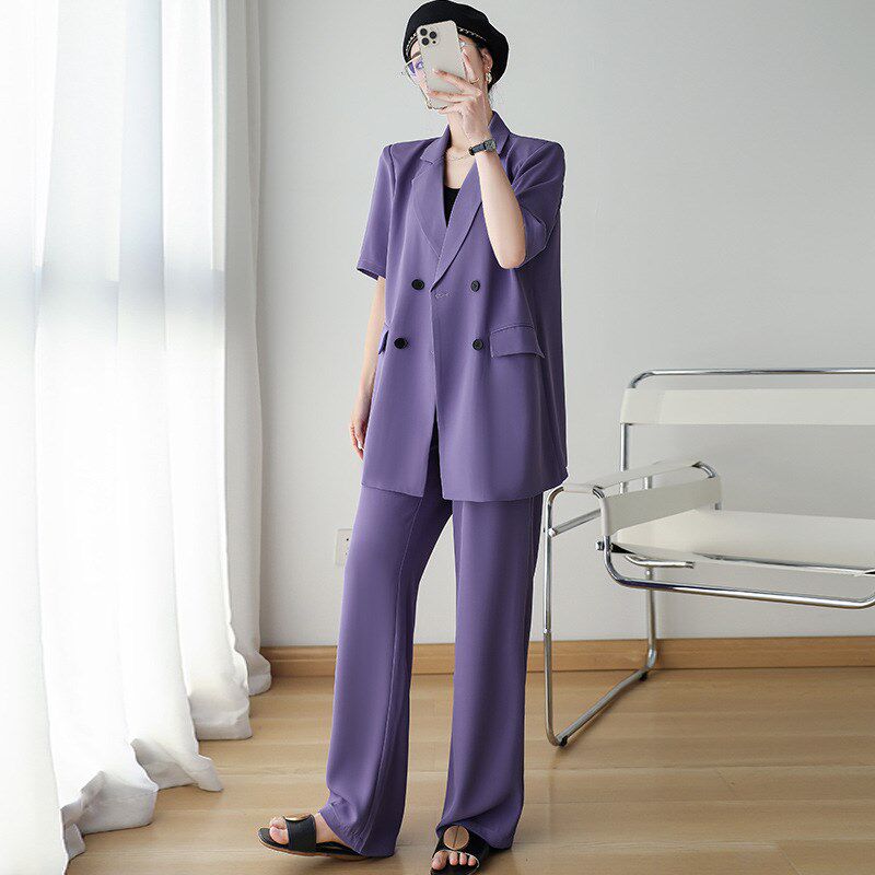 大码薄款紫色西装套装女2024夏胖mm显瘦垂感西服阔腿裤套装两件套