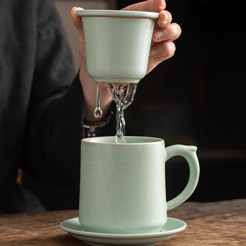 天青汝窑茶水分离茶杯开片可养办公杯泡茶陶瓷水杯盖子定制马克杯