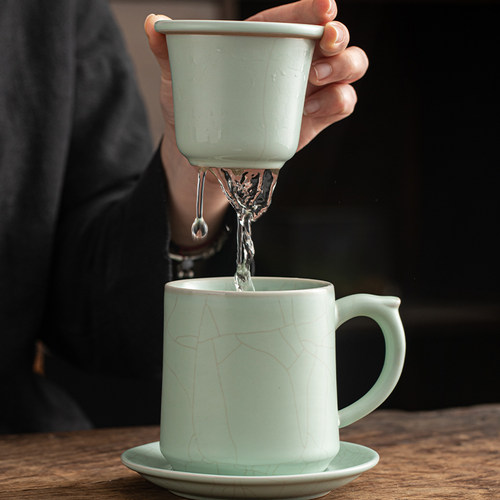 天青汝窑茶水分离茶杯开片可养办公杯泡茶陶瓷水杯盖子定制马克杯