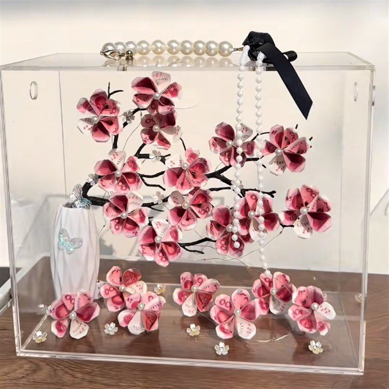 亚克力花盒发财树情人节珍珠手提花盒插花有钱花花盒插花礼盒包装