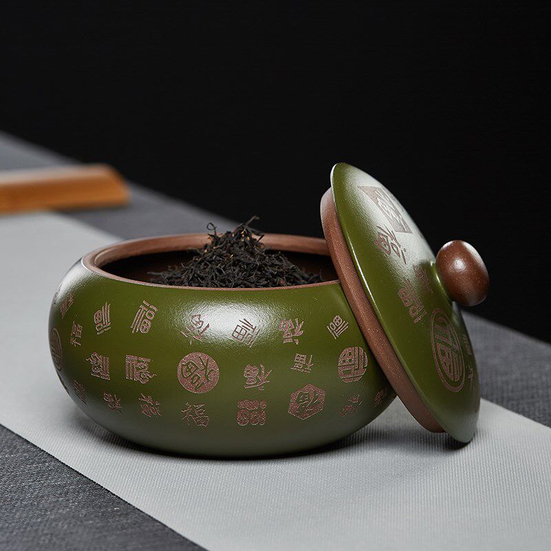 紫砂茶叶罐密封罐精品高档百福茶罐储存罐装茶叶罐子陶瓷普洱茶盒