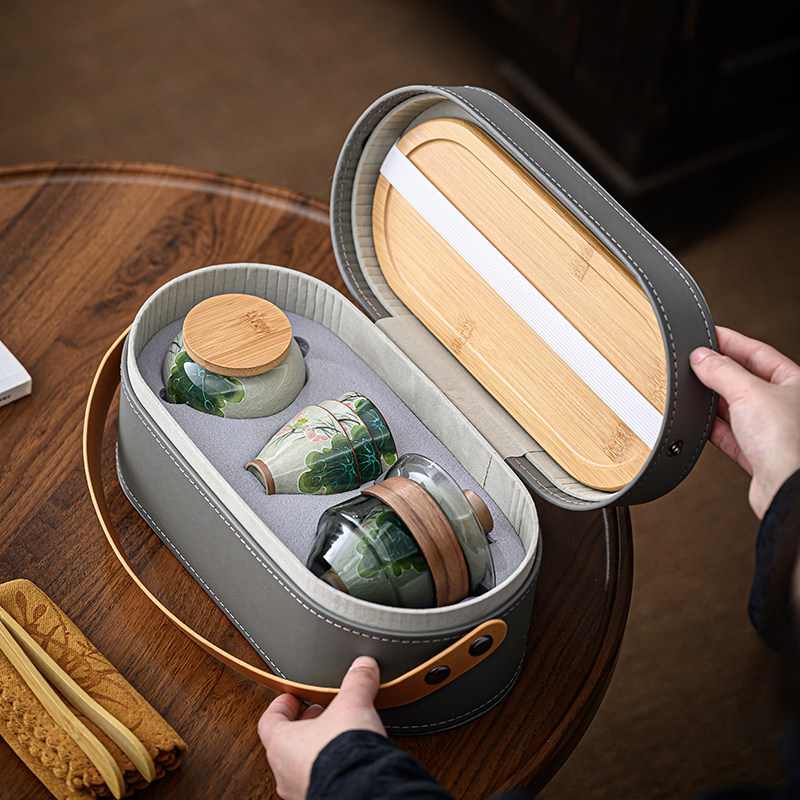 冰片釉手绘荷花六杯户外便携旅行茶具釉下彩开片功夫套装LOGO定制