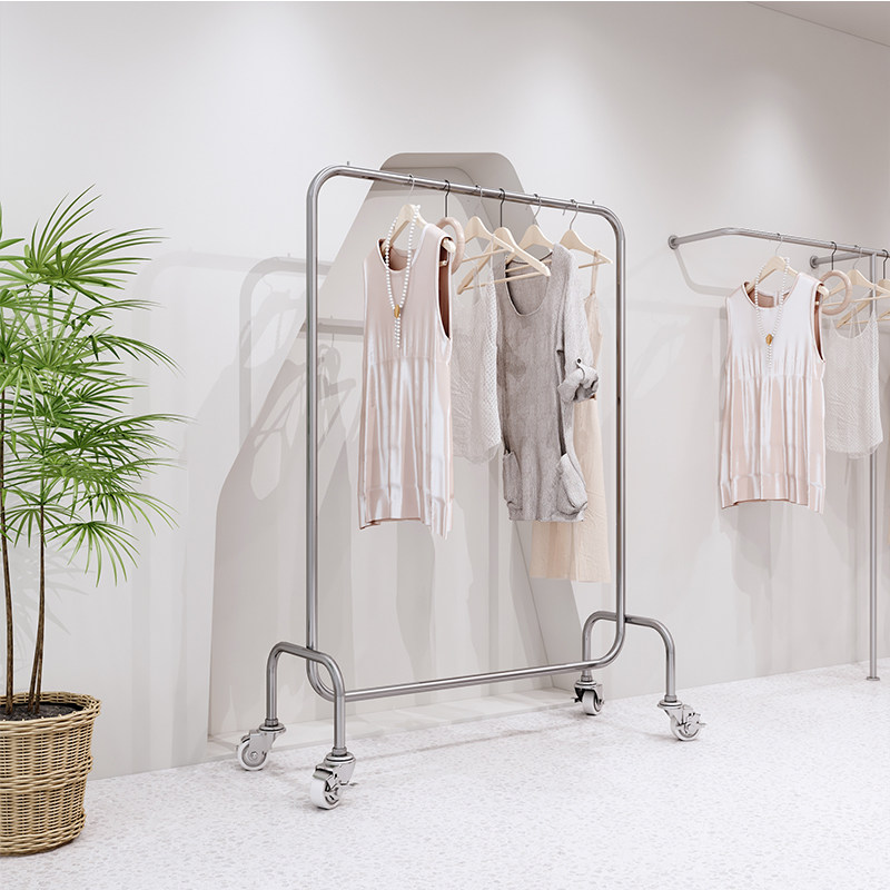 服装店展示架落地式不锈钢拉丝带轱辘女装店铺挂衣架服装陈列货架