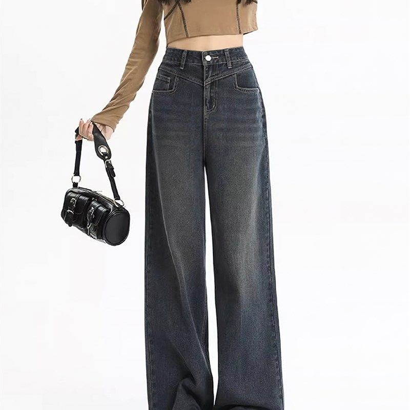 水泥灰直筒牛仔裤女秋冬新款胖妹妹mm梨形身材高腰宽松显瘦阔腿裤