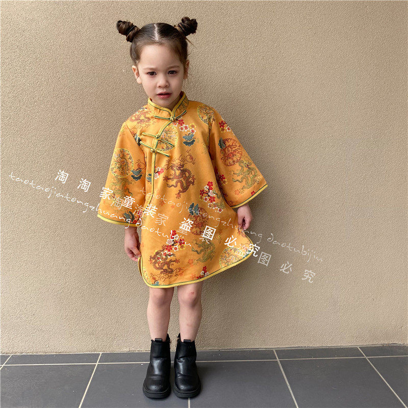 女童长袖旗袍连衣裙中国风小女孩国潮连衣裙网红儿童汉服儿童礼服