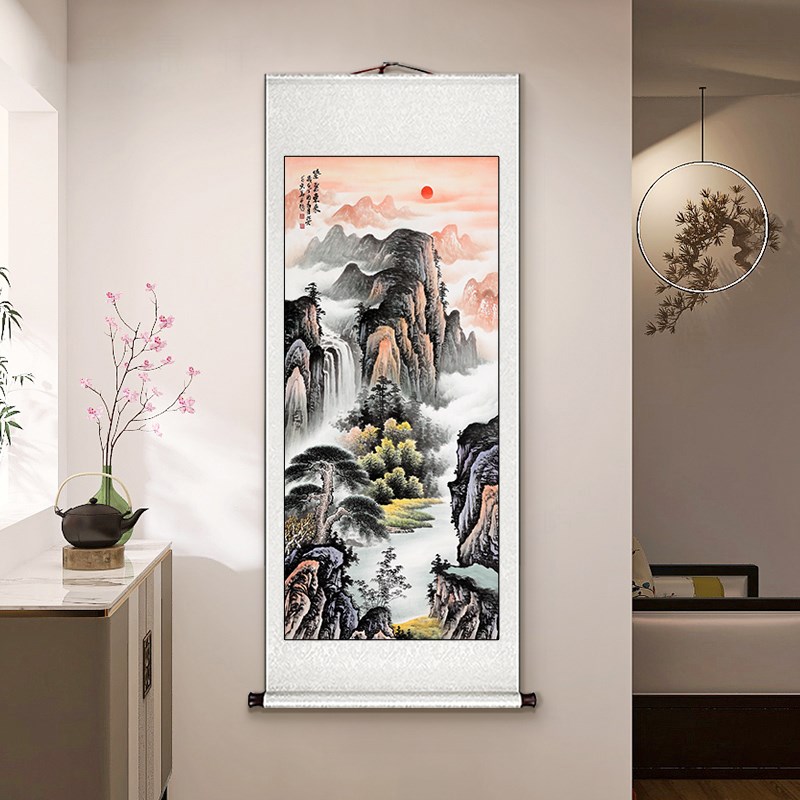 迎客松卷轴挂画竖版新中式玄关装饰画正对门办公室书房茶室壁画