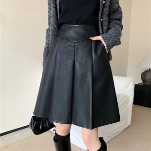 大码皮裙半身裙女中裙高腰口袋a字裙秋冬遮肚子显瘦中长款百褶裙