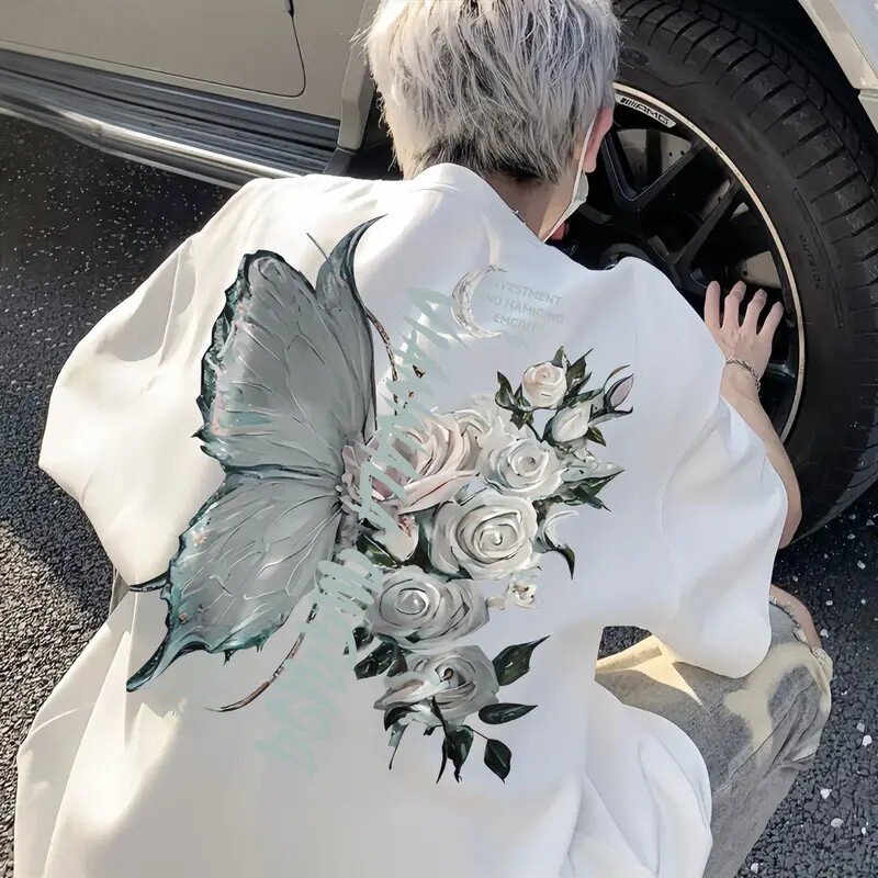 凯尼顿美式高街蝴蝶花卉印花长袖T恤男女潮流宽松情侣上衣