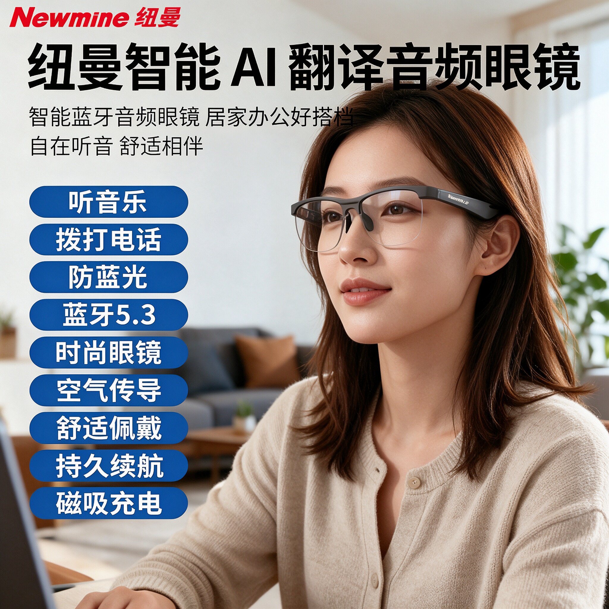 纽曼智能蓝牙眼镜气传导通话听歌音频通话智能AI翻译眼镜户外运动骑行多功能太阳镜MG10