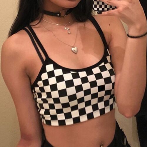 Black Red Plaid Checkerboard Tank Top Halter Women Bare Midr