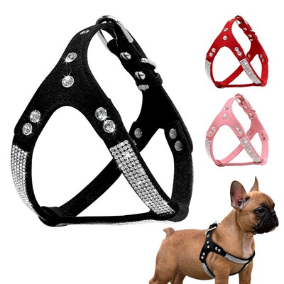 Rhinestone Puppy Harness Suede Leather Small Dogs Harness Bl