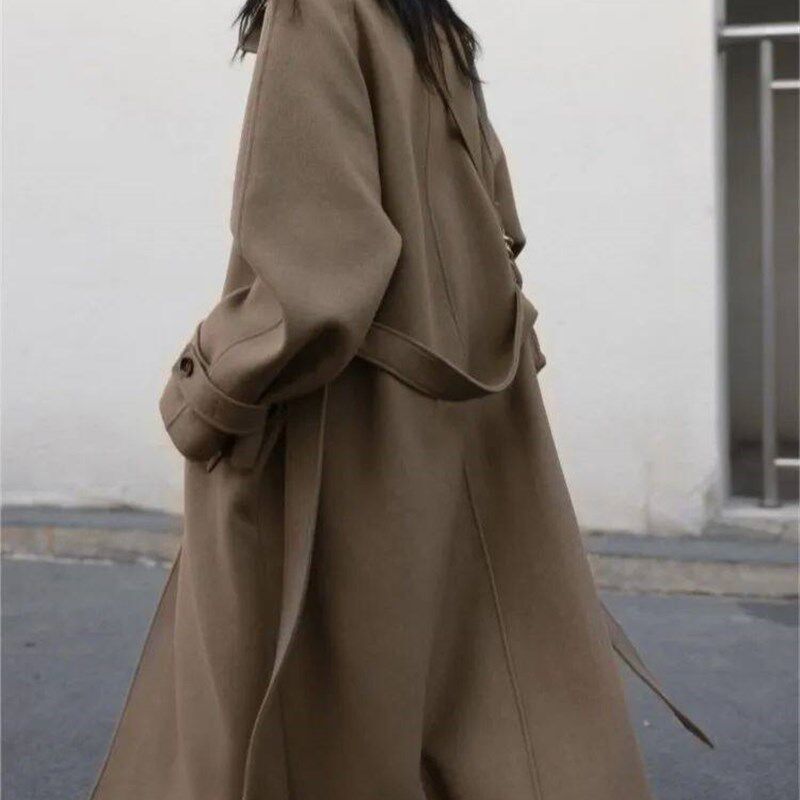 Winters Woolen Coats Elegant Lace-up Wool Outwear Women Sol - 实物图