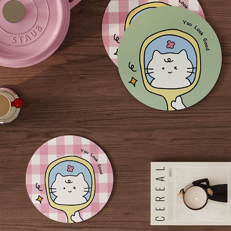 韩式格子小猫可爱家用皮革吸水杯垫隔热餐垫桌面咖啡杯茶水垫防烫,居家布艺,餐垫,淘宝优惠券,粉丝福利购,淘宝优惠卷