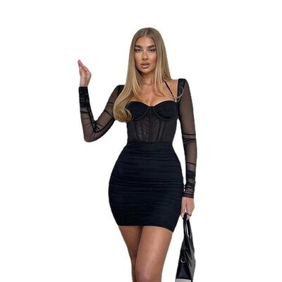 Womens New Mesh Yarn Fish Bone Pleate Long Sleeve Neck Fash