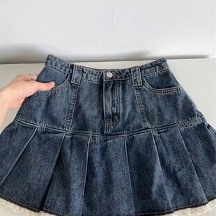 HOUZHOU Blue Denim Skirt Women Lace Patchwork Yk Pleated