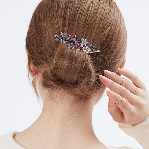 Korean Red Crystal Flower Bow Spring Hairpin Vintage Ink Blu