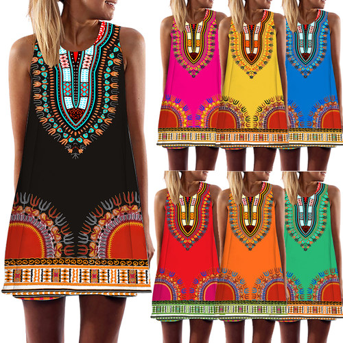 Summer Retro Vest Dress for Women African Style Print
