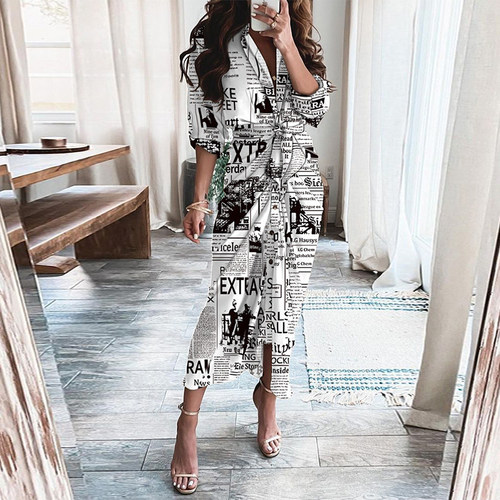 Autumn Beach V-Neck Print Slim Boho Dress Women Fashion