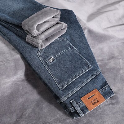 Winter New Men Fleece Jeans Business Casual Sretch Fitted St
