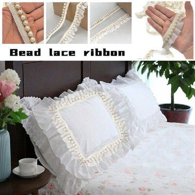 10M Cream White Beaded Fringe Imitation Pearl Ruffles Lace