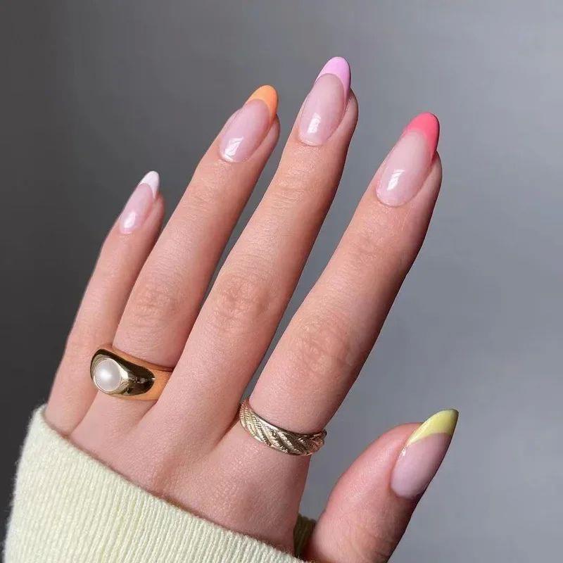 24pcs French Rainbow Fake Nails Simple Almond False Nails Ar图片
