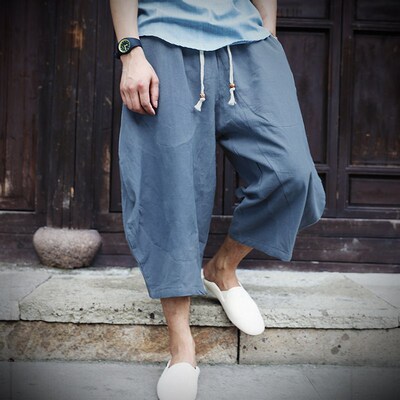 2023 Men Cotton Linen Baggy Wide Leg Pants Men Hanging Crotc