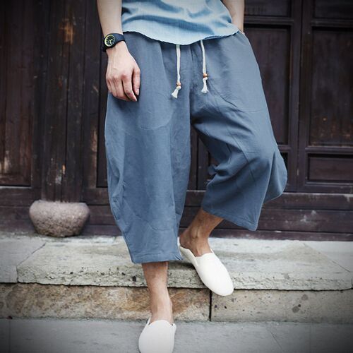 2023 Men Cotton Linen Baggy Wide Leg Pants Men Hanging Crotc