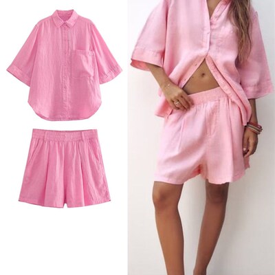 KJMYYX Shorts Sets Outfits For Women 2023 Summer Pink Fashio
