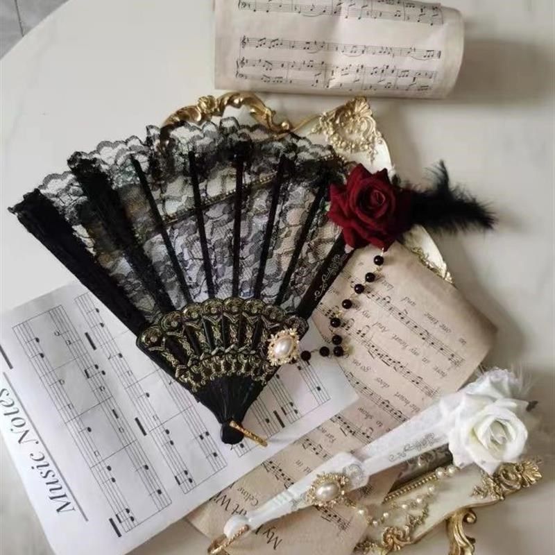 Lolit羽毛玫瑰折扇黑色白色洛丽塔欧式复古浮雕烫金花嫁茶会扇子,居家日用,扇子,淘宝优惠券,粉丝福利购,淘宝优惠卷