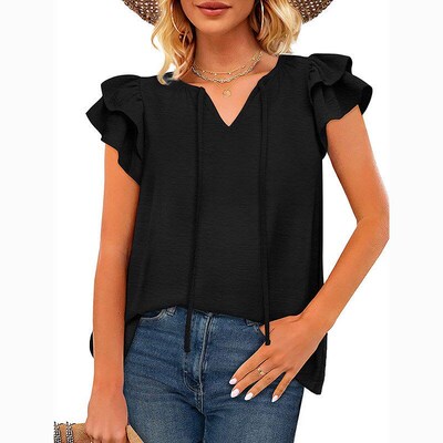 Summer 2025 VNeck Blouse with Tie Ruffled TShirt Chiffon Shi