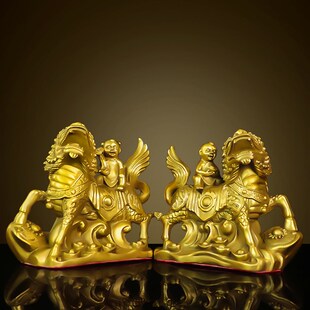 纯黄铜麒麟摆件卧室麒麟送子金童玉女求子招财家居装饰工艺品礼品