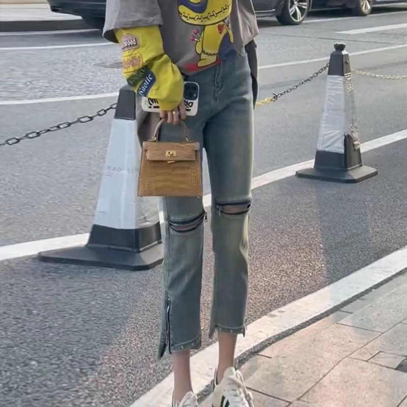 胖妹妹大码裤子女高腰直筒破洞牛仔裤女2023年新款显瘦九分烟管裤