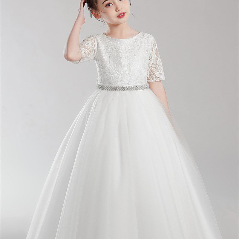 中大童小提琴演奏小女孩钢琴演出服白色花童公主裙蕾丝网纱礼服长