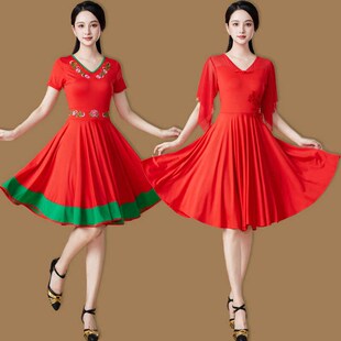 广场舞连衣裙新款短袖中国风红色舞蹈演出服大码显瘦夏天跳舞裙子