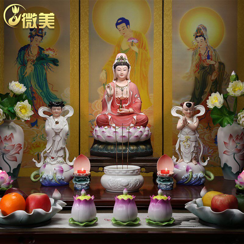 德化陶瓷家用坐莲观音佛像 12至24吋彩绘纯手工观音摆件